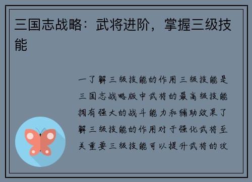 三国志战略：武将进阶，掌握三级技能